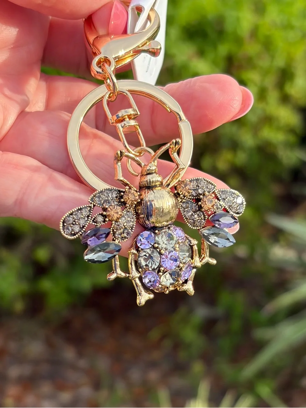 Sparkling Gold Bee Keychain with Purple and Gray Crystals
